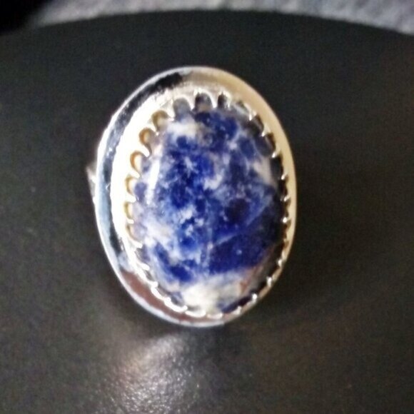 Blue Sodalite Ring - Southwestern Boho Style - Embossed Cigarband Shank Size 8.5 - Picture 1 of 9